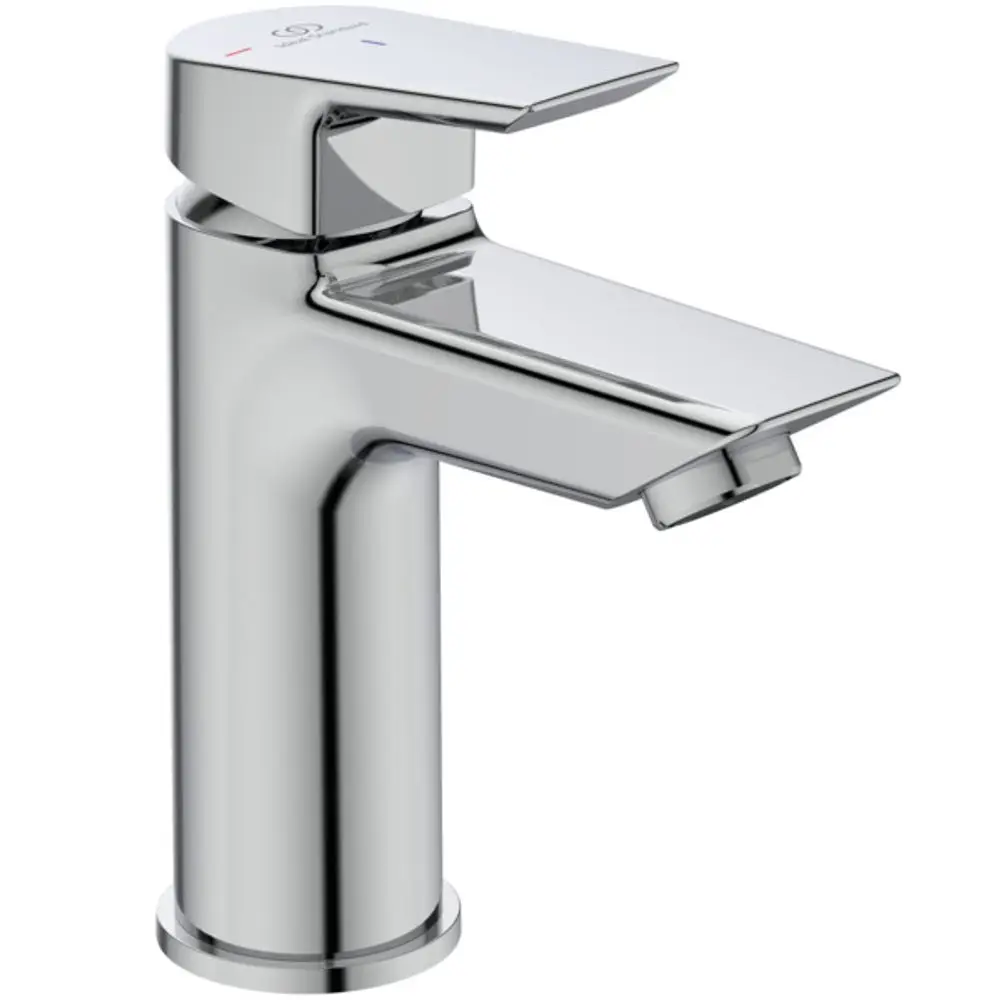 Chromfarbene Waschbeckenarmatur von Ideal Standard mit flachem Auslauf und einem Hebel zur Steuerung der Wassertemperatur und -menge.
